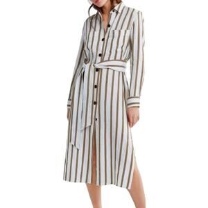 Zara Linen Midi Shirt Dress Striped Side Slit Button Down Collar Brown White L